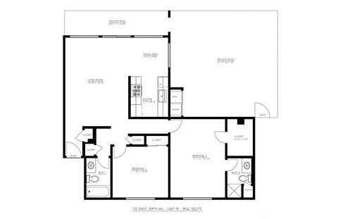 Floor plan for 2 beds, 2 baths, 956 sqft